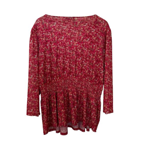 Lane Bryant Red Pink Floral V neck Peplum Quarter Sleeve Sheer Blouse Size 22/24 - Picture 2 of 8